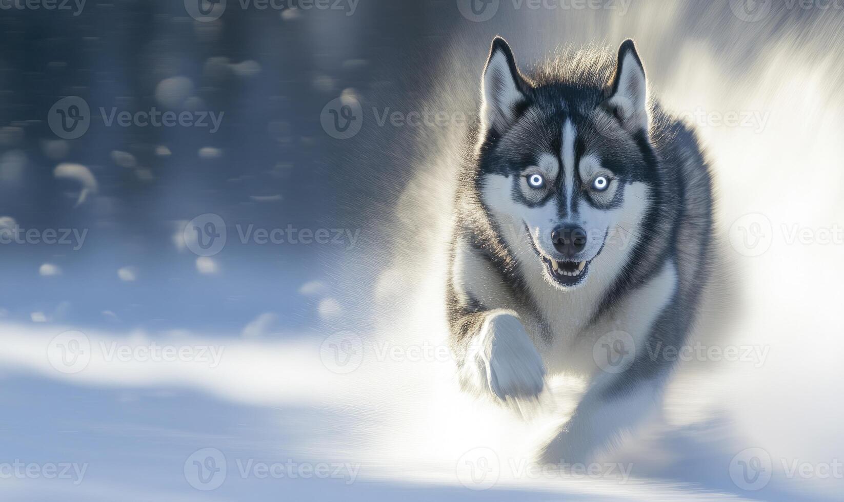 A dog is running through the snow with its tongue out photo