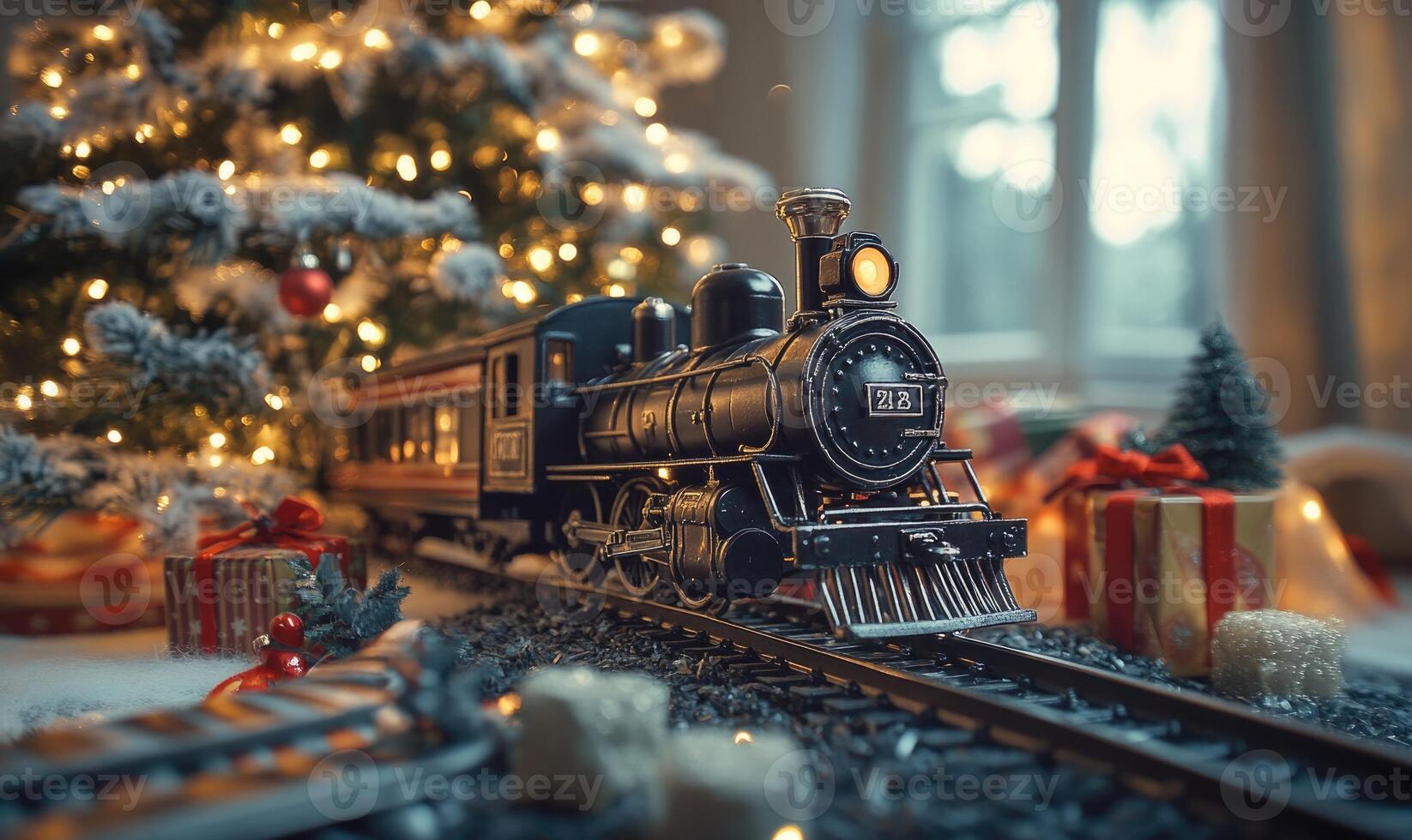 A train is on a track next to a Christmas tree photo