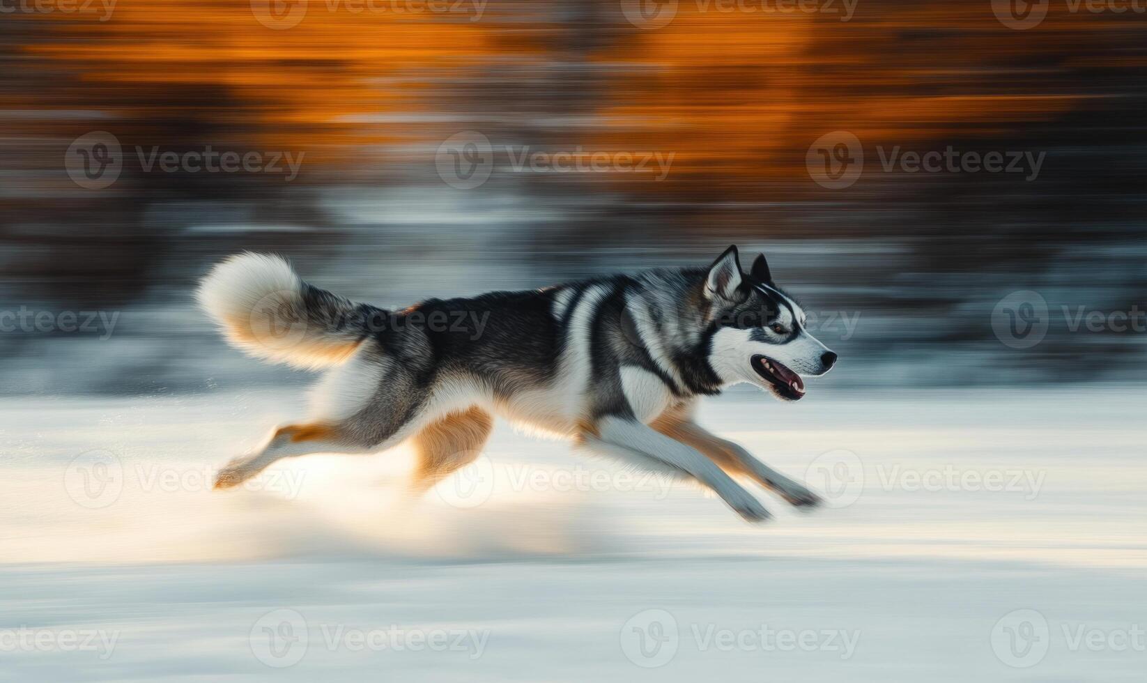 A dog is running in the snow with its tongue out photo