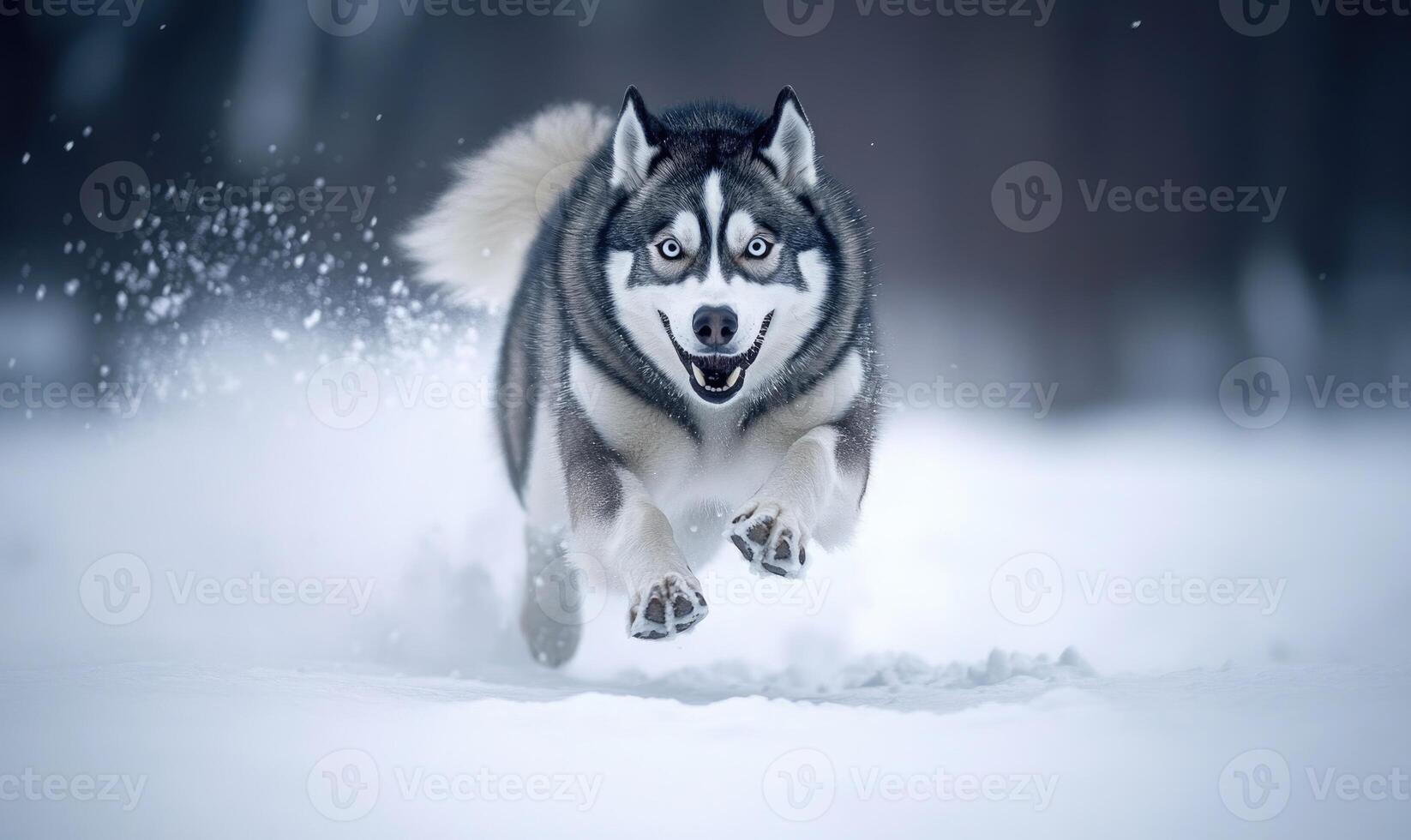 A large husky dog is running through the snow photo