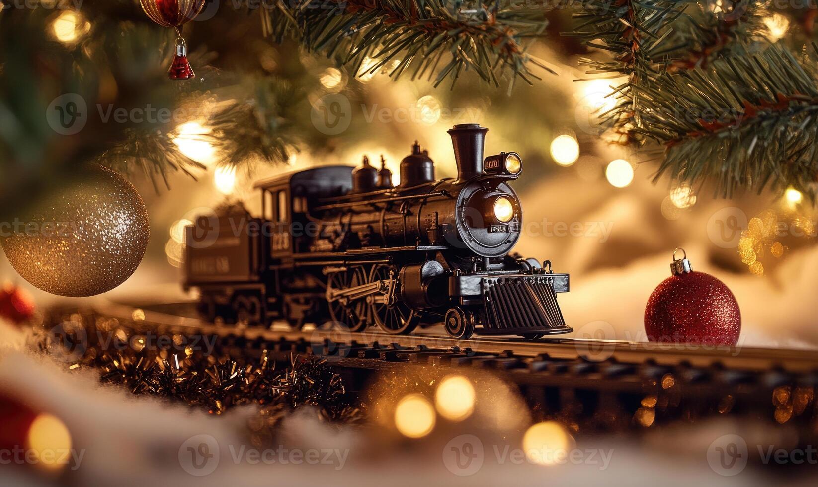 A train is on a track with a Christmas tree in the background photo