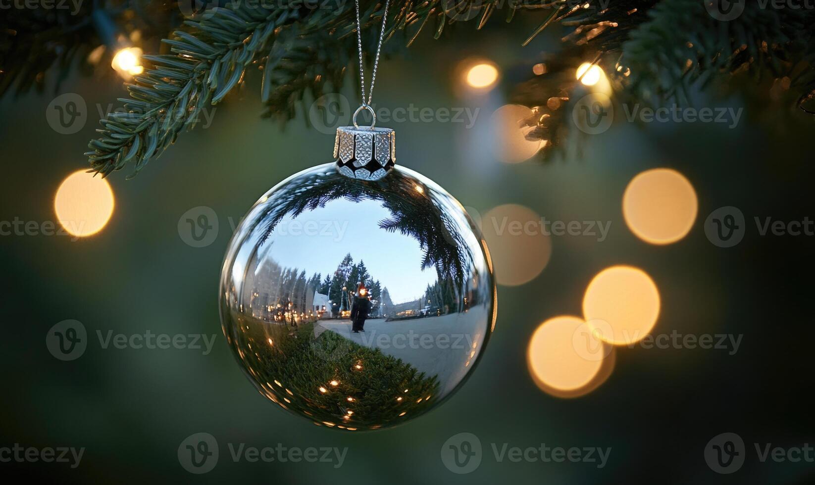 A silver Christmas ornament hangs from a tree branch photo