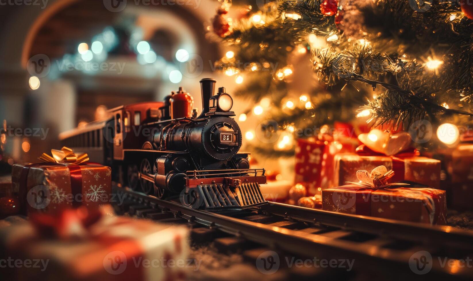 A train is on a track next to a Christmas tree photo