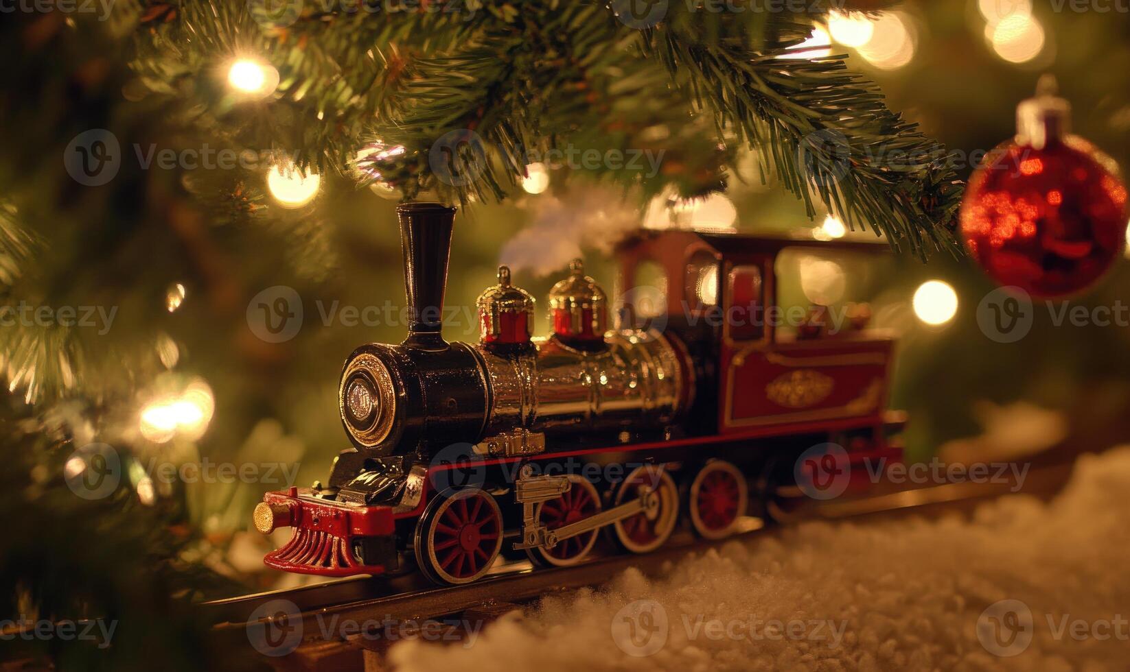 A train is sitting on a train track with a red ball on top of it photo