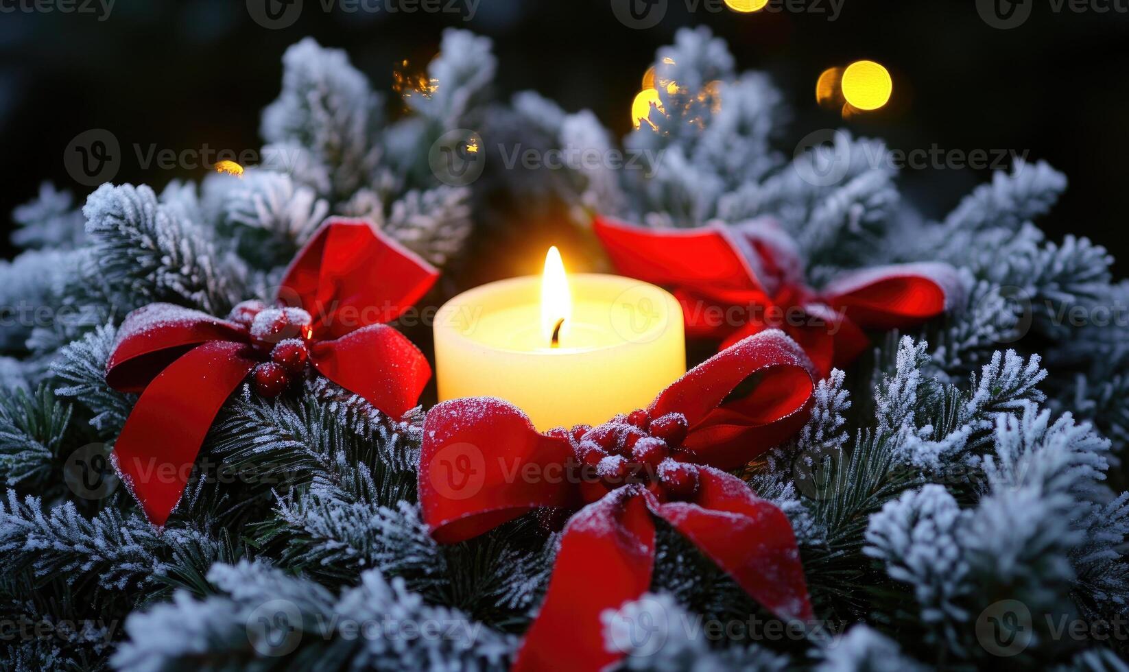A candle is lit in a wreath of red and white pine needles photo