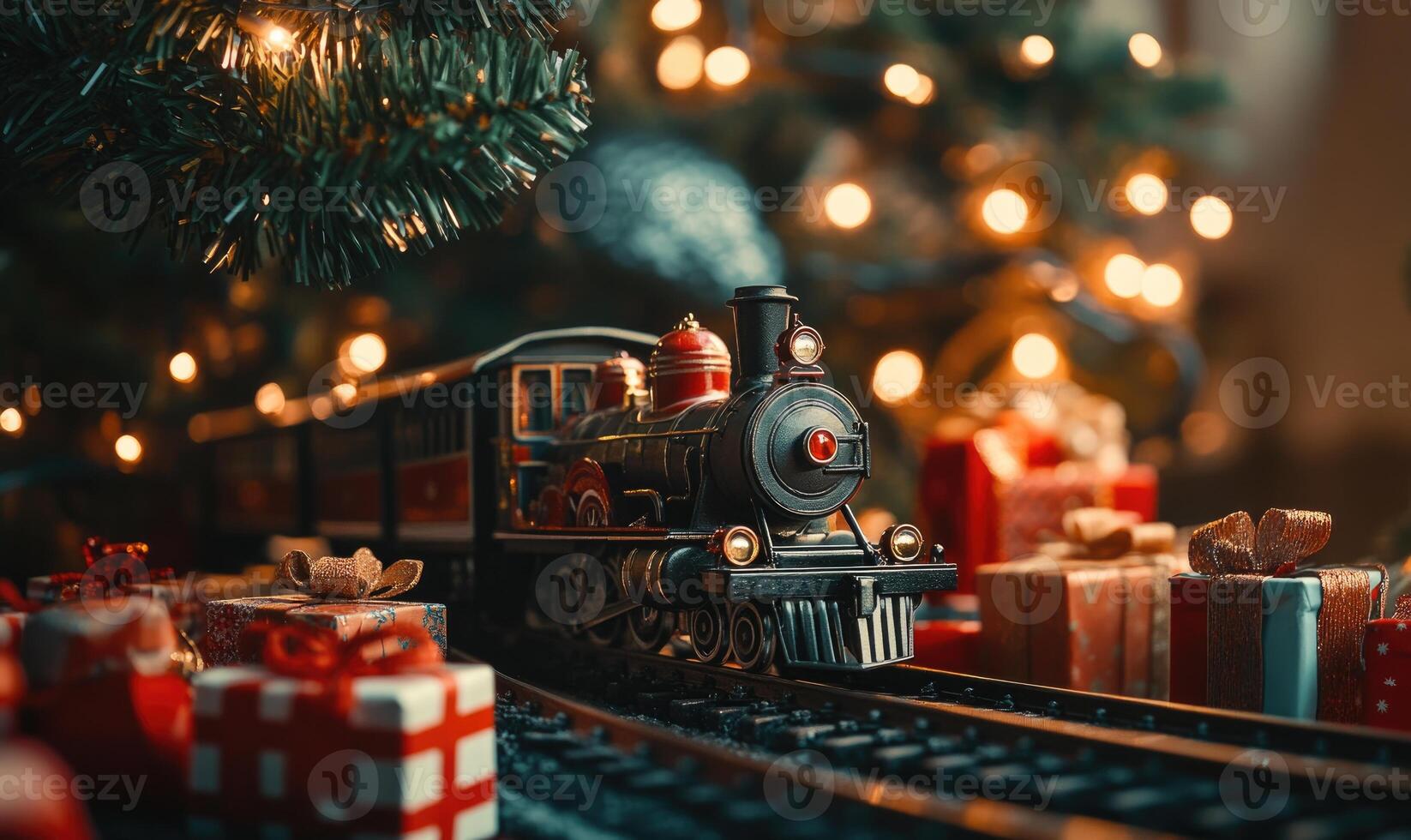 A train is on a track next to a Christmas tree photo