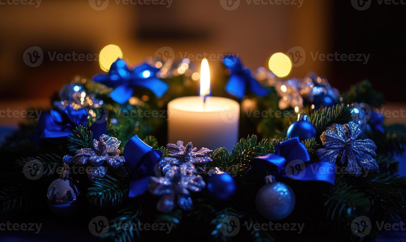 A blue wreath with a candle in the center photo
