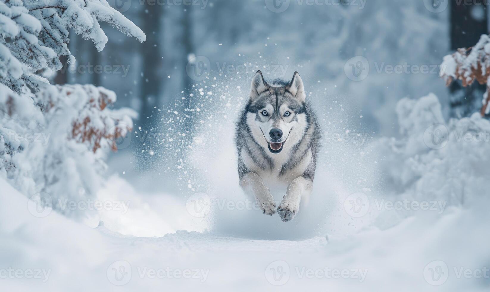 A dog is running through the snow, leaving a trail of paw prints behind it photo