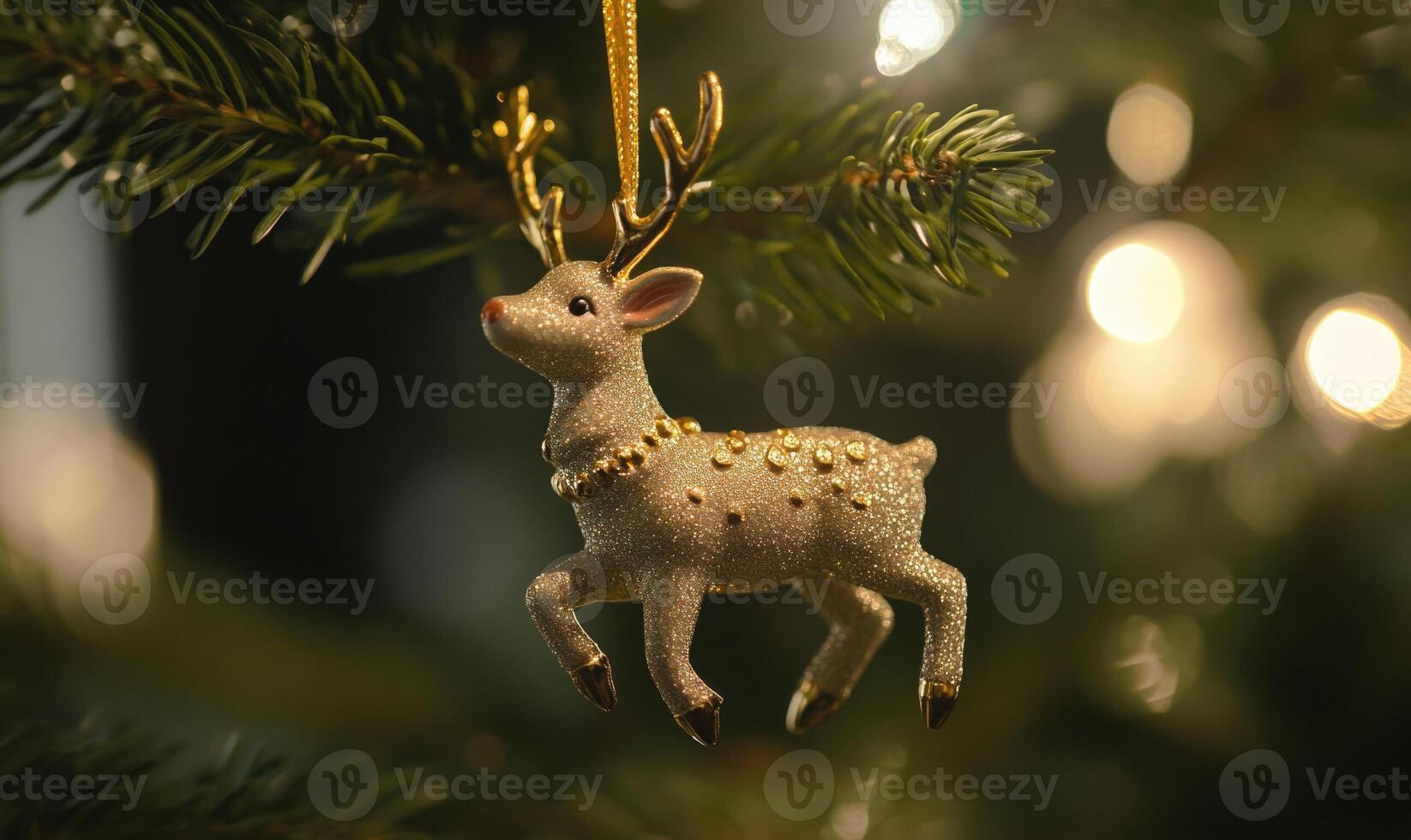 A gold deer ornament hangs from a Christmas tree photo