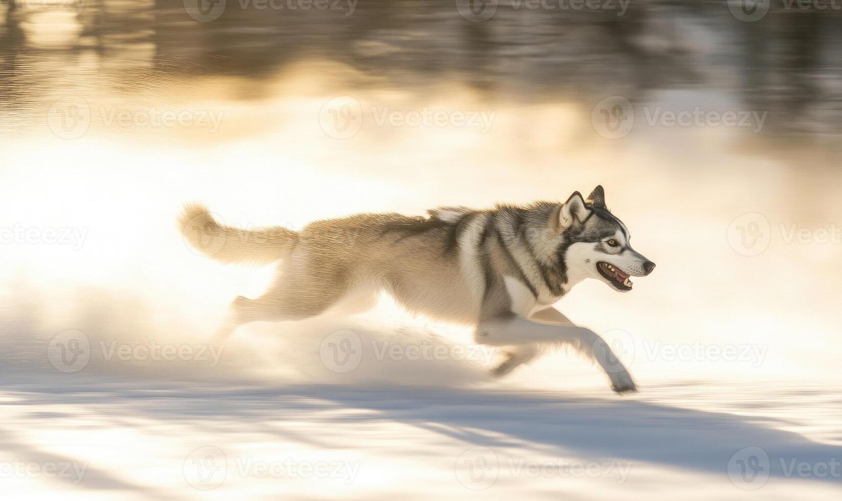 A dog is running through the snow with its tongue out photo