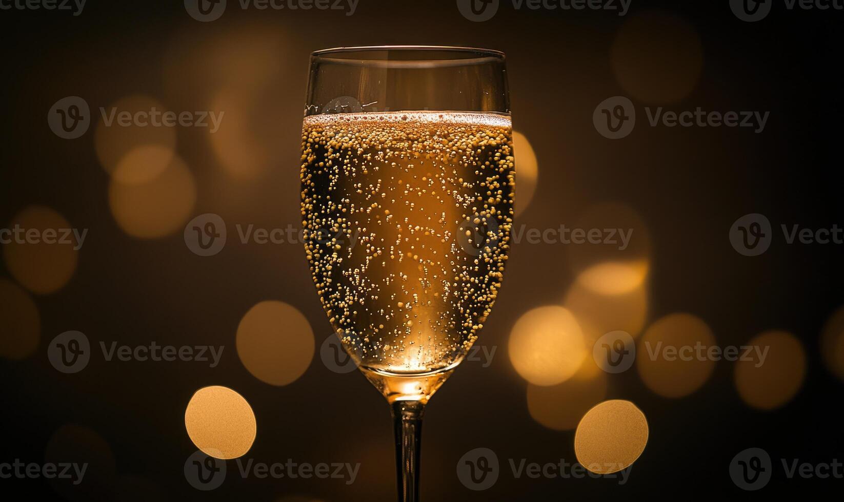 A glass of champagne is filled with bubbles and is sitting on a table photo