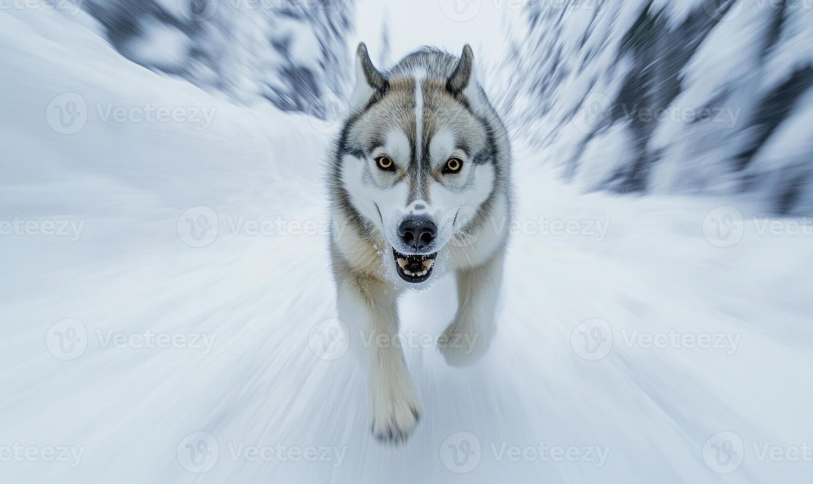 A dog is running through the snow with its mouth open and teeth bared photo
