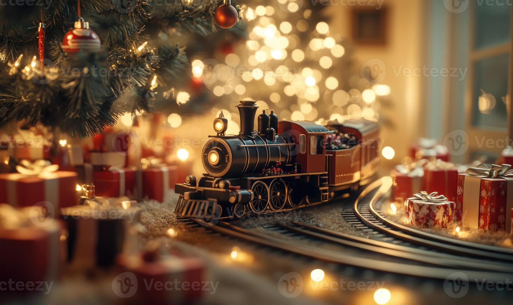 A train is on a track next to a Christmas tree photo