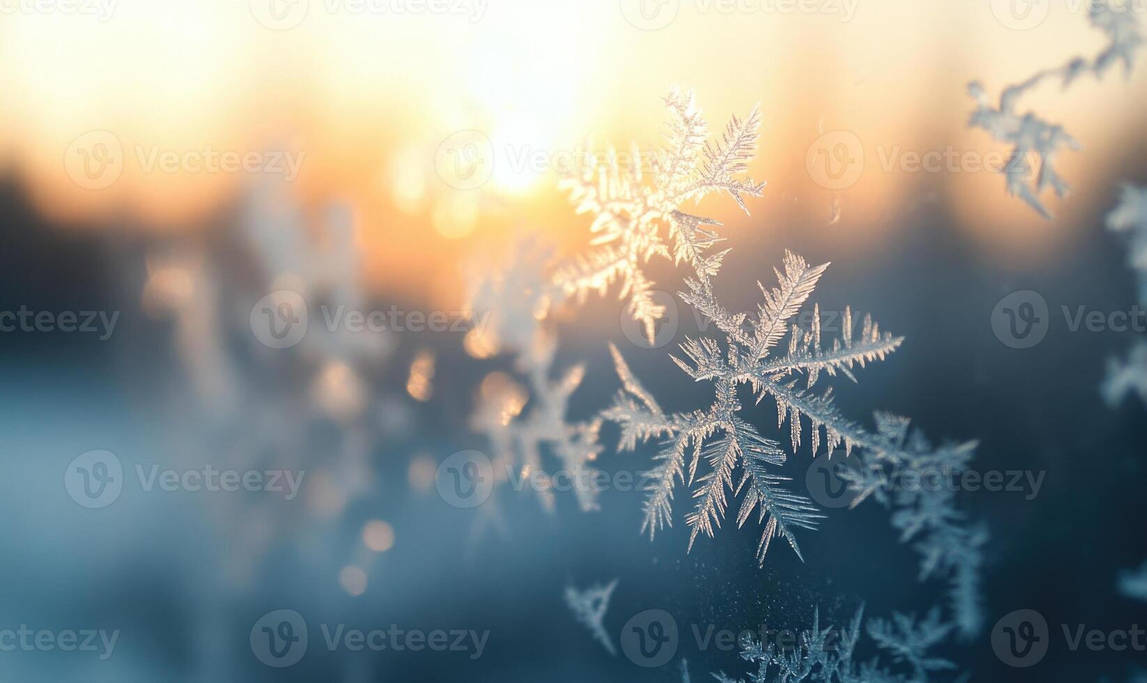 A close up of a snowflake with the sun in the background photo