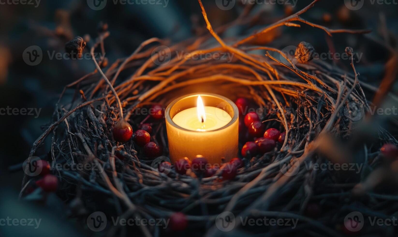 A candle is lit in a nest of twigs and berries photo