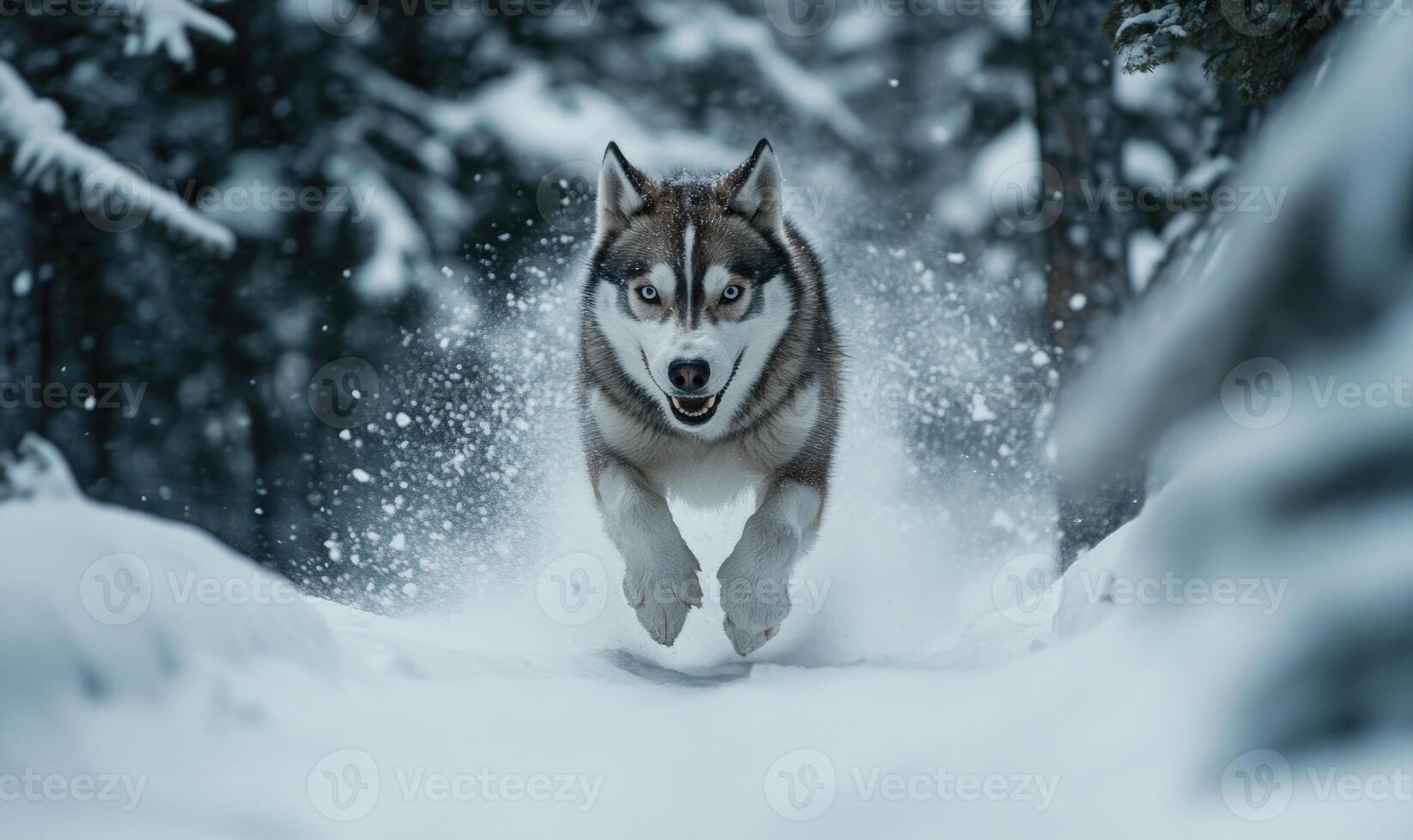 A dog is running through the snow with its mouth open and teeth bared photo