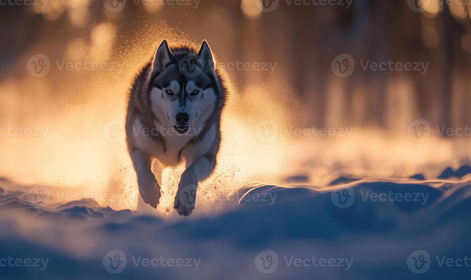 A dog is running through the snow with its fur flying in the air photo