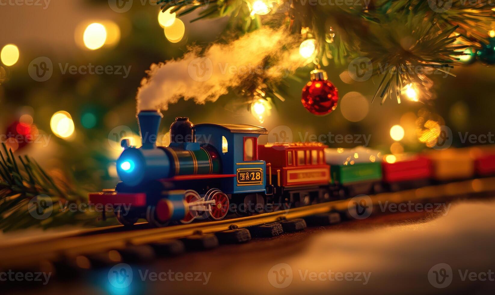 A train with the number 108 on it is traveling down a track photo