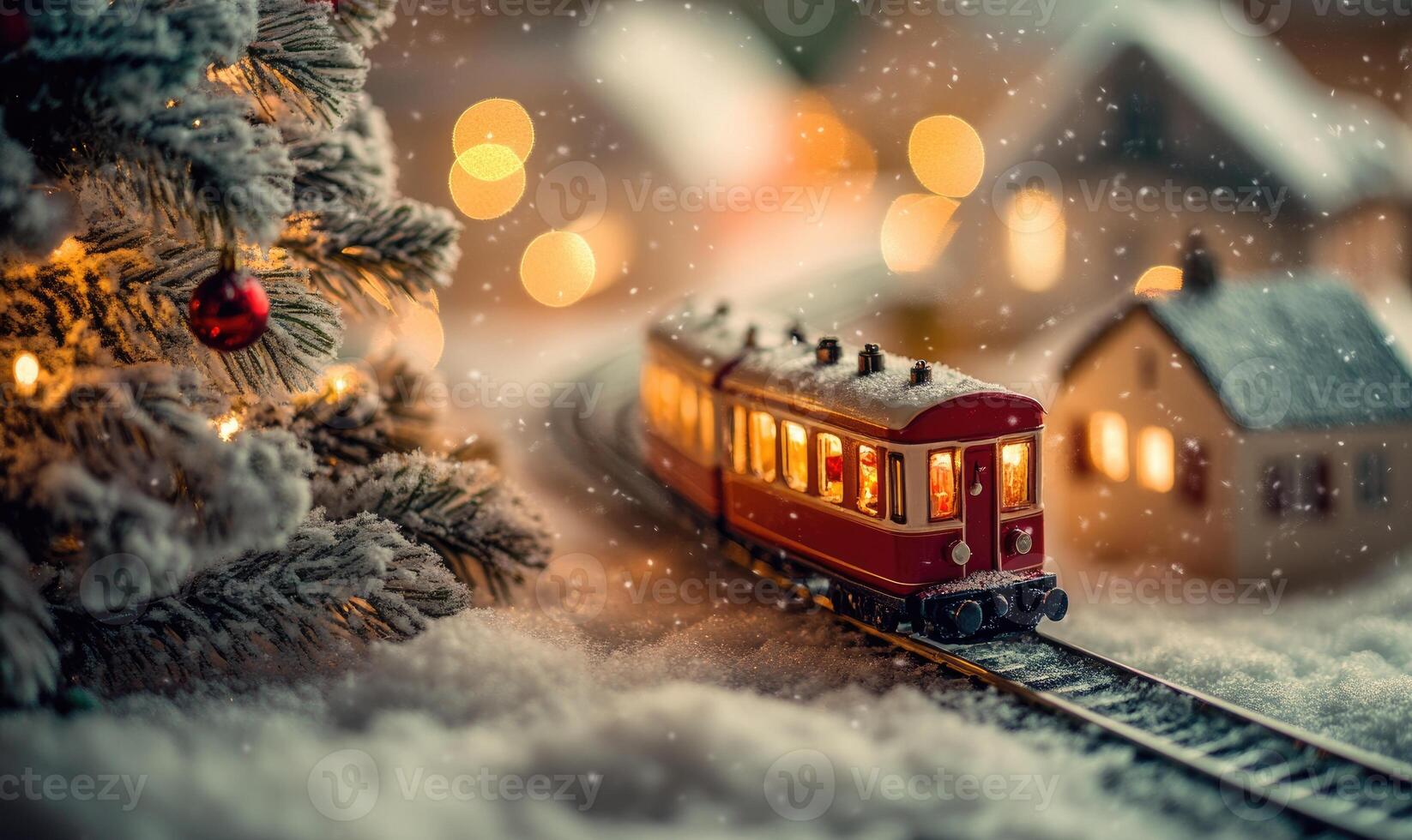 A train is traveling down a snowy track next to a Christmas tree photo