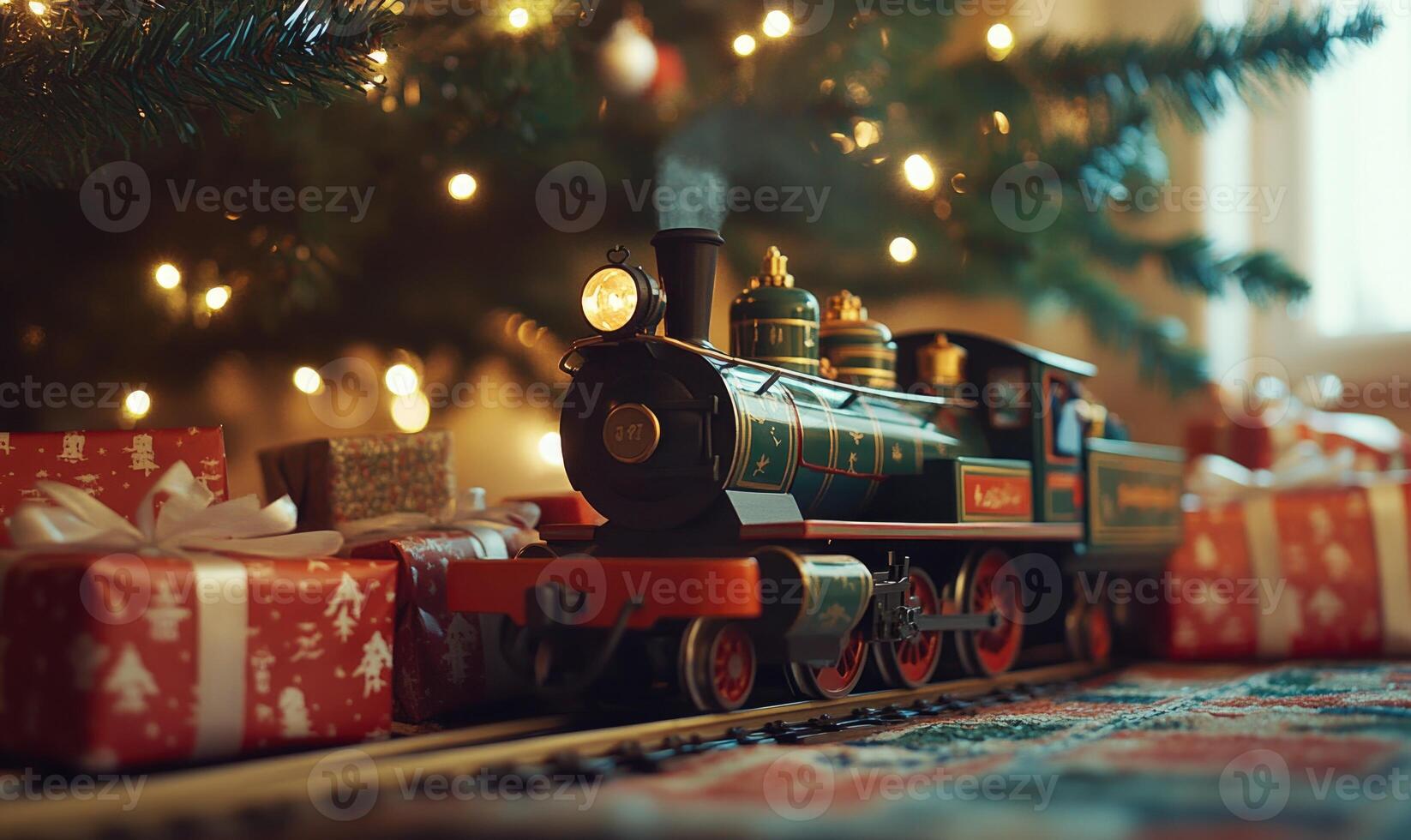 A small train is sitting on a train track next to a Christmas tree photo