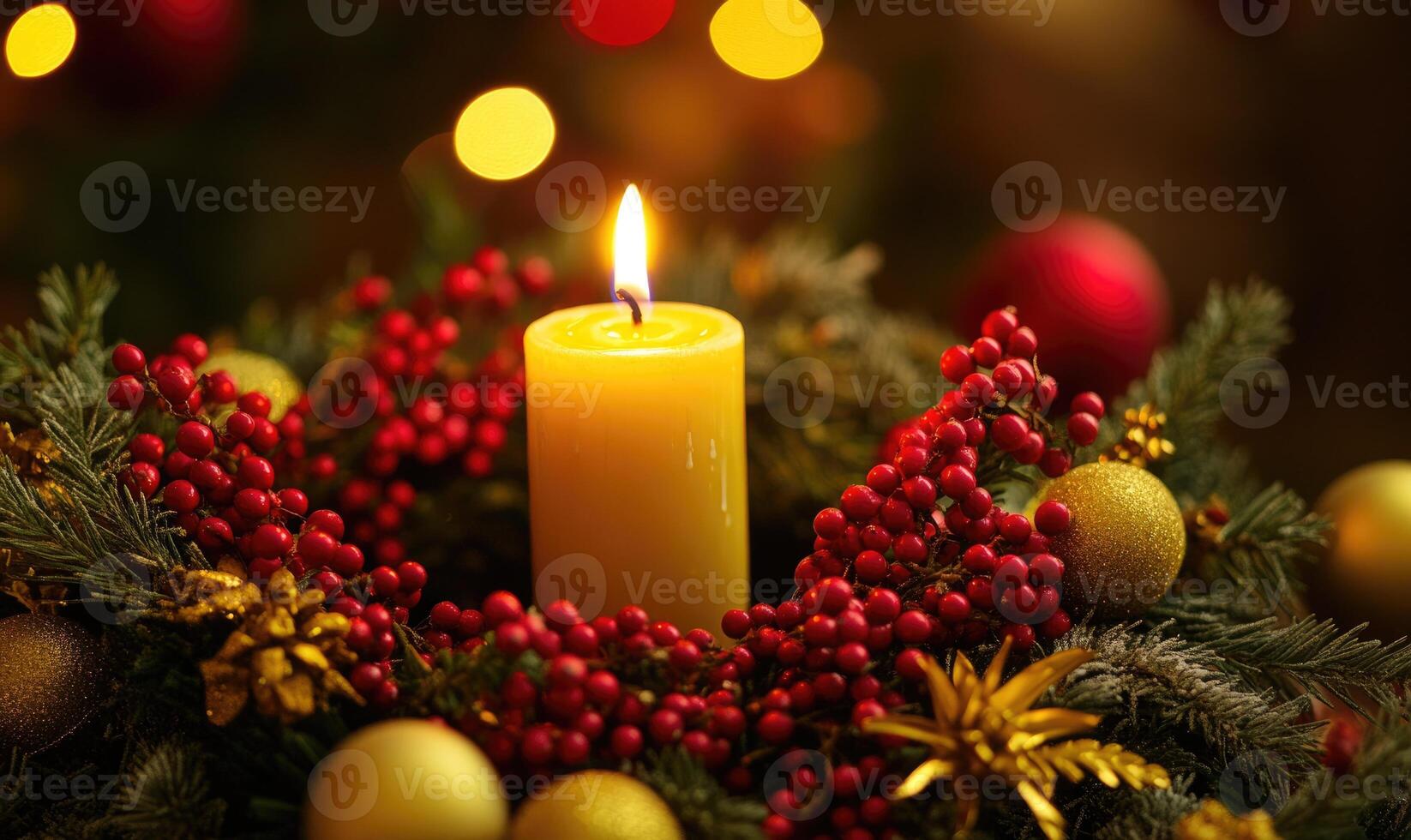 A candle is lit in a wreath of red berries photo