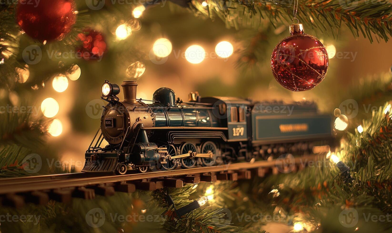 A train is on a track with a red ball on top of it photo