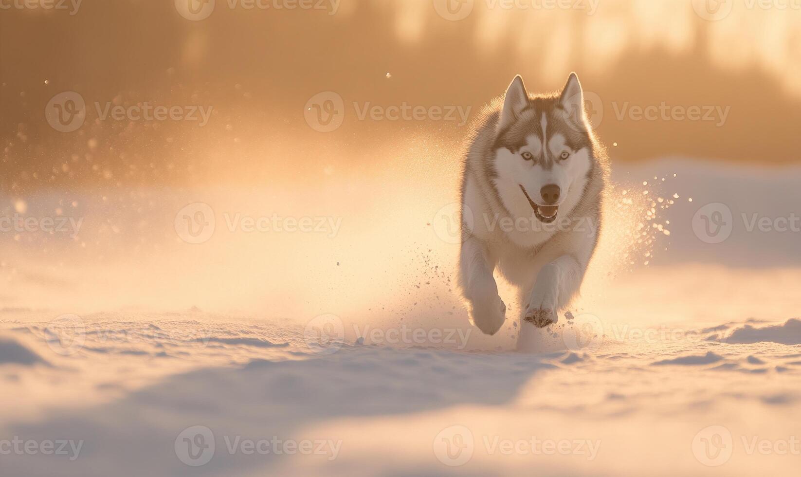 A dog is running through the snow with its tongue out photo