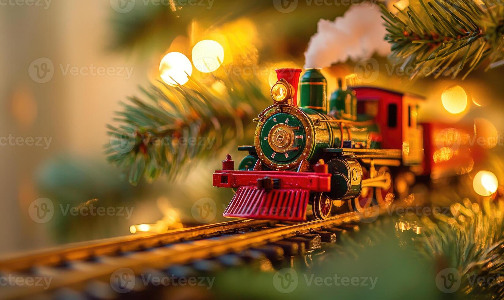 A train is on a track with a Christmas tree in the background photo