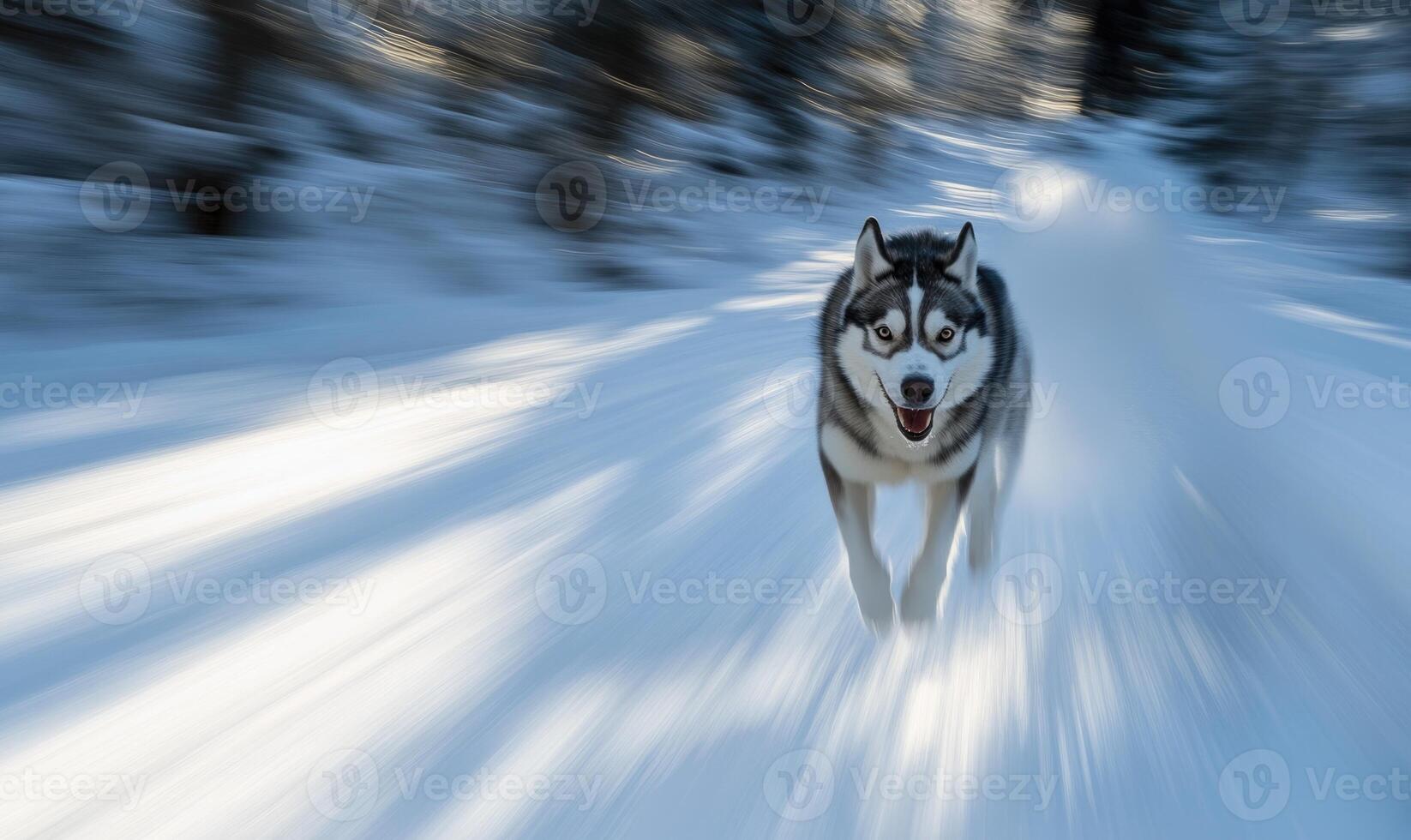 A dog is running through the snow photo