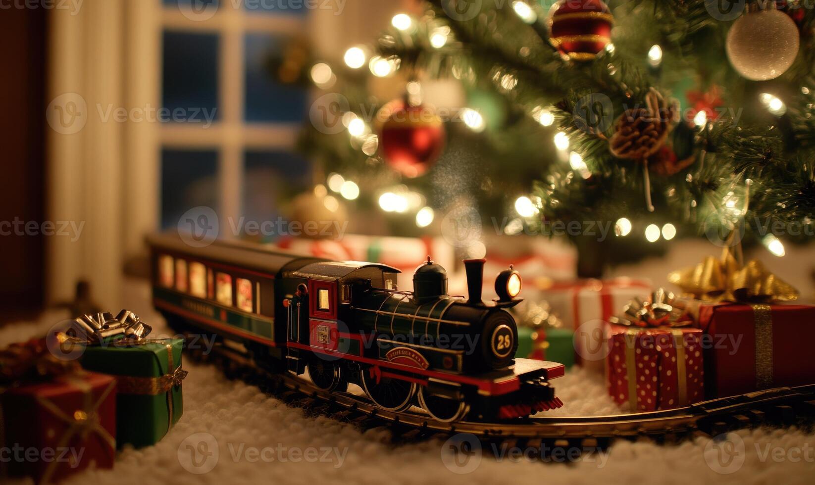 A train is on a track next to a Christmas tree photo