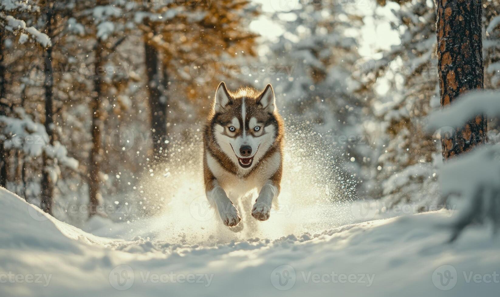 A dog is running through the snow with its tongue out photo