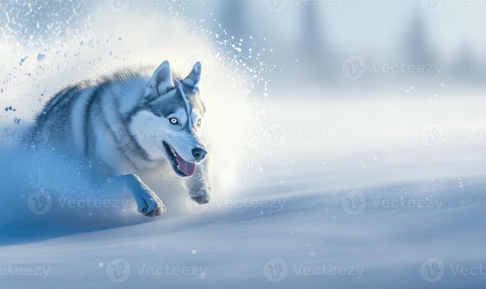 A dog is running through the snow, leaving a trail of white powder behind it photo