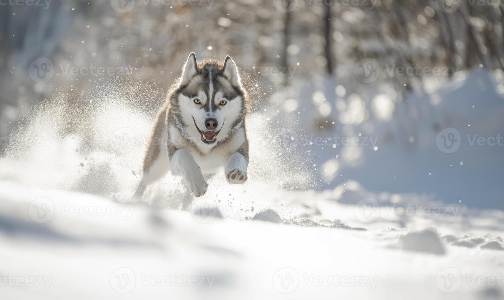 A dog is running through the snow with its tongue out photo