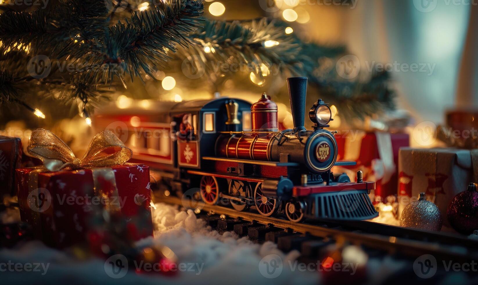 A train is sitting on a train track next to a Christmas tree photo
