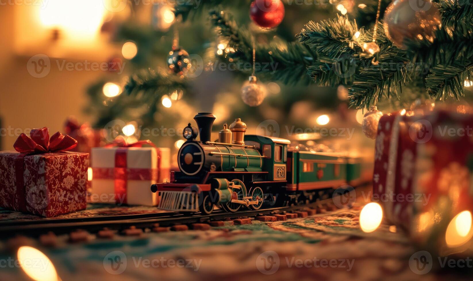 A train is sitting on a train track next to a Christmas tree photo