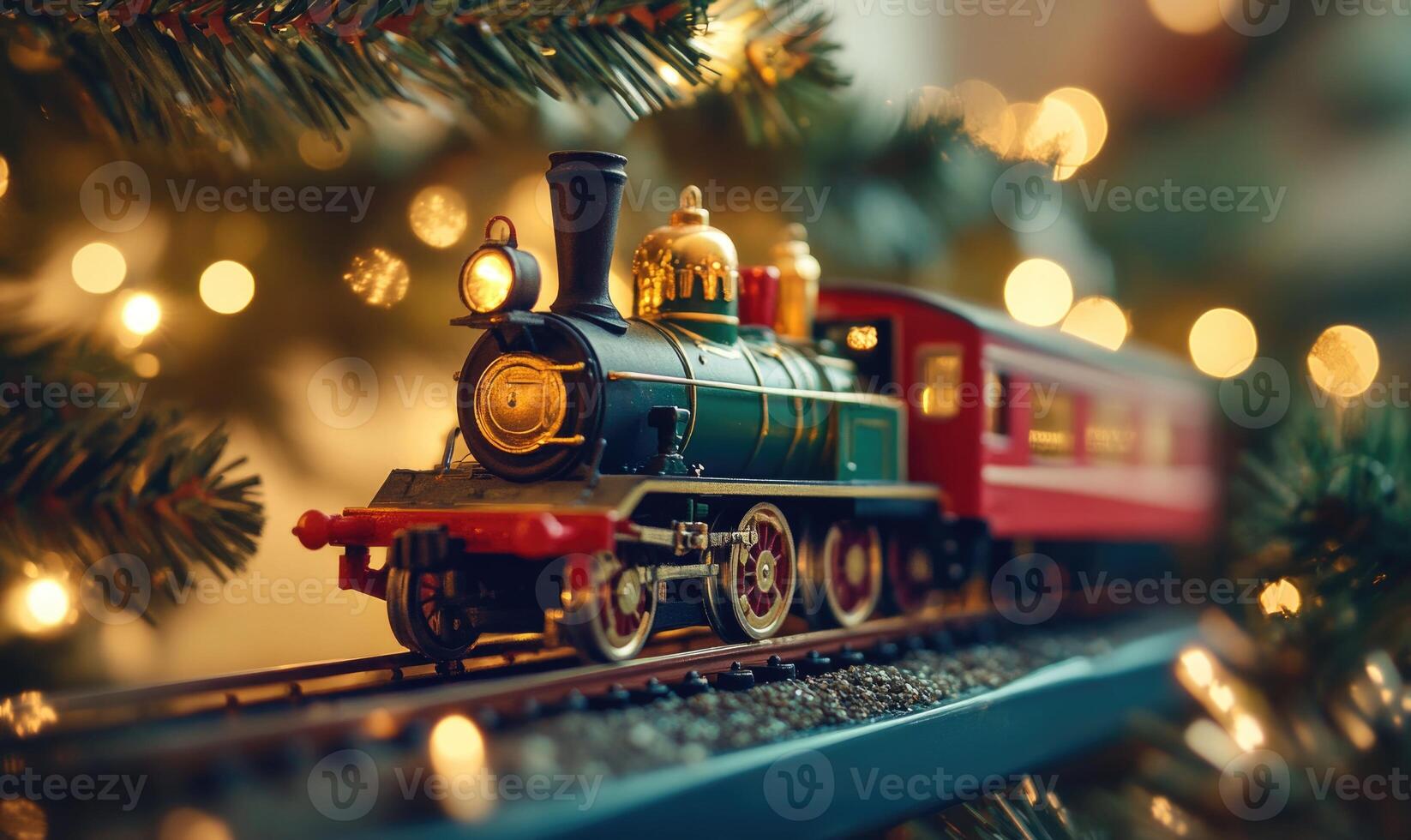 A toy train is sitting on a track with Christmas lights in the background photo