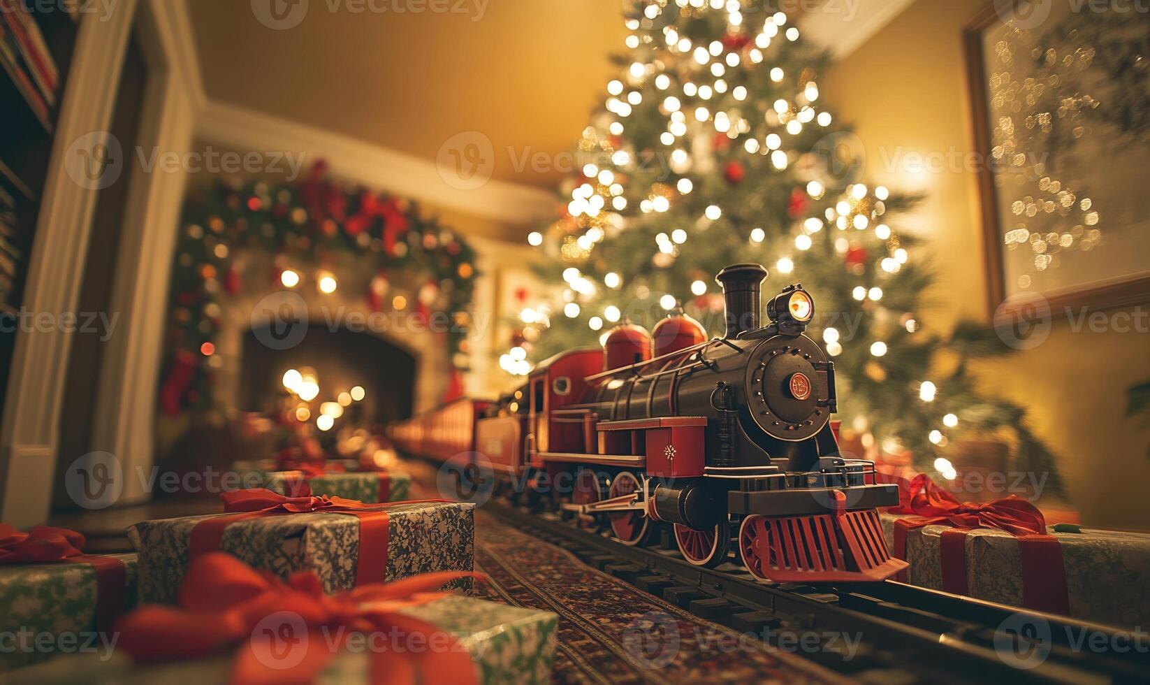 A train is on a track next to a Christmas tree photo