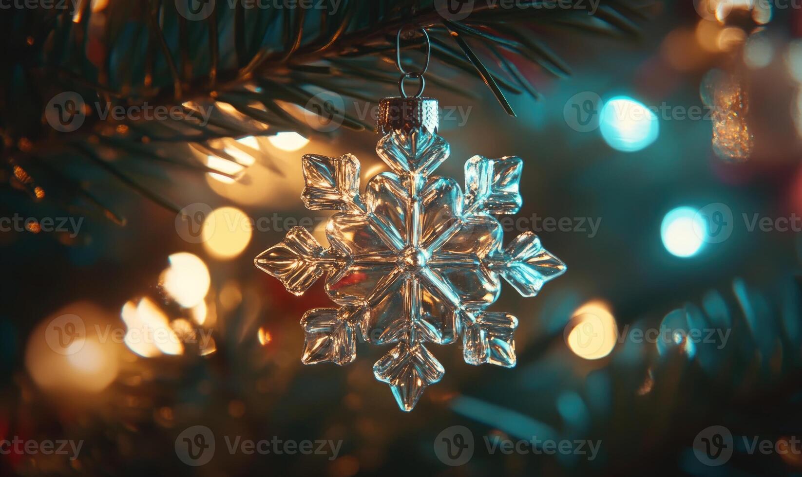 A snowflake ornament hangs from a tree branch photo