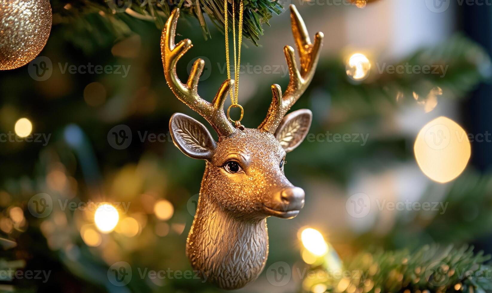 A gold deer ornament hangs on a Christmas tree photo
