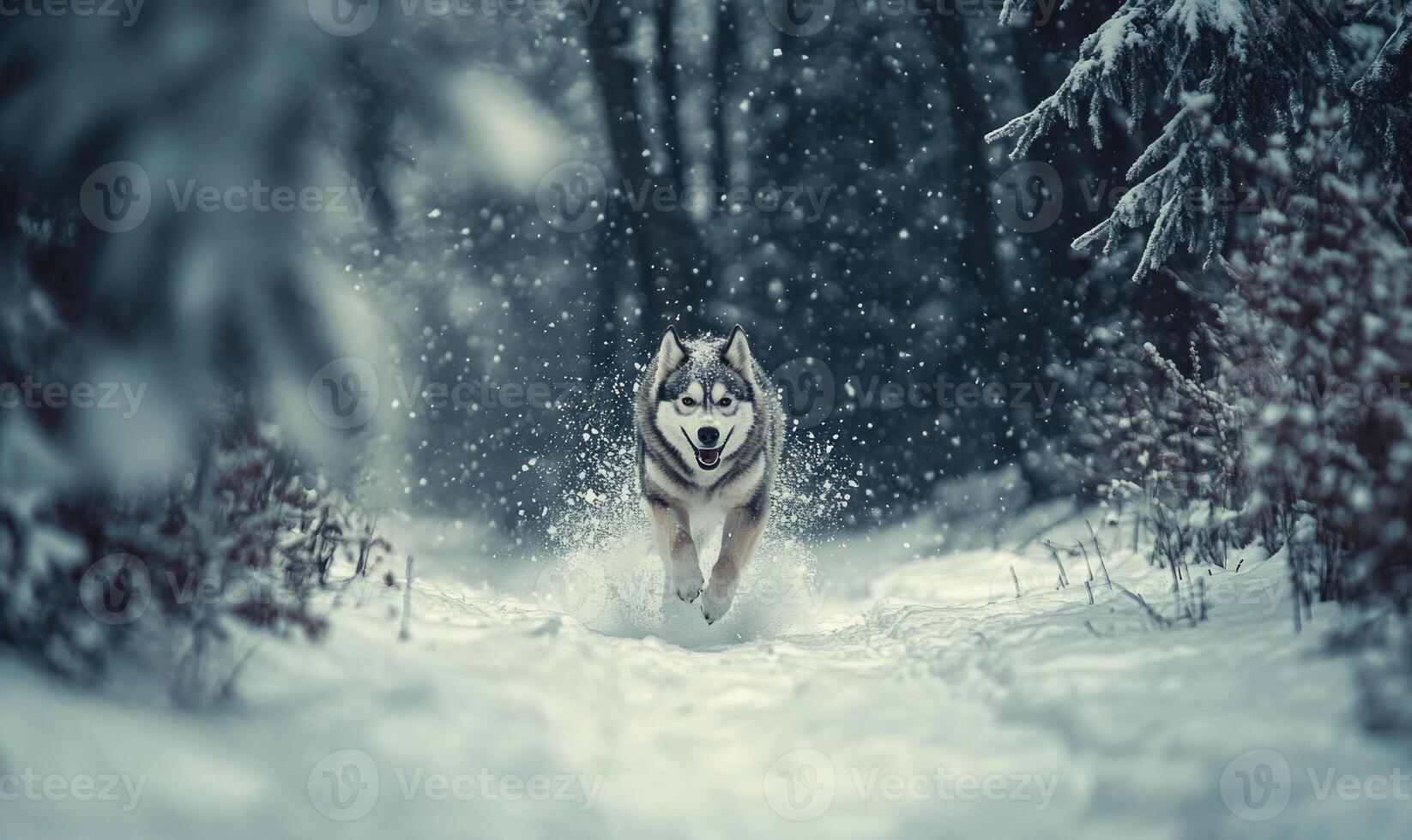A dog is running through the snow in a forest photo