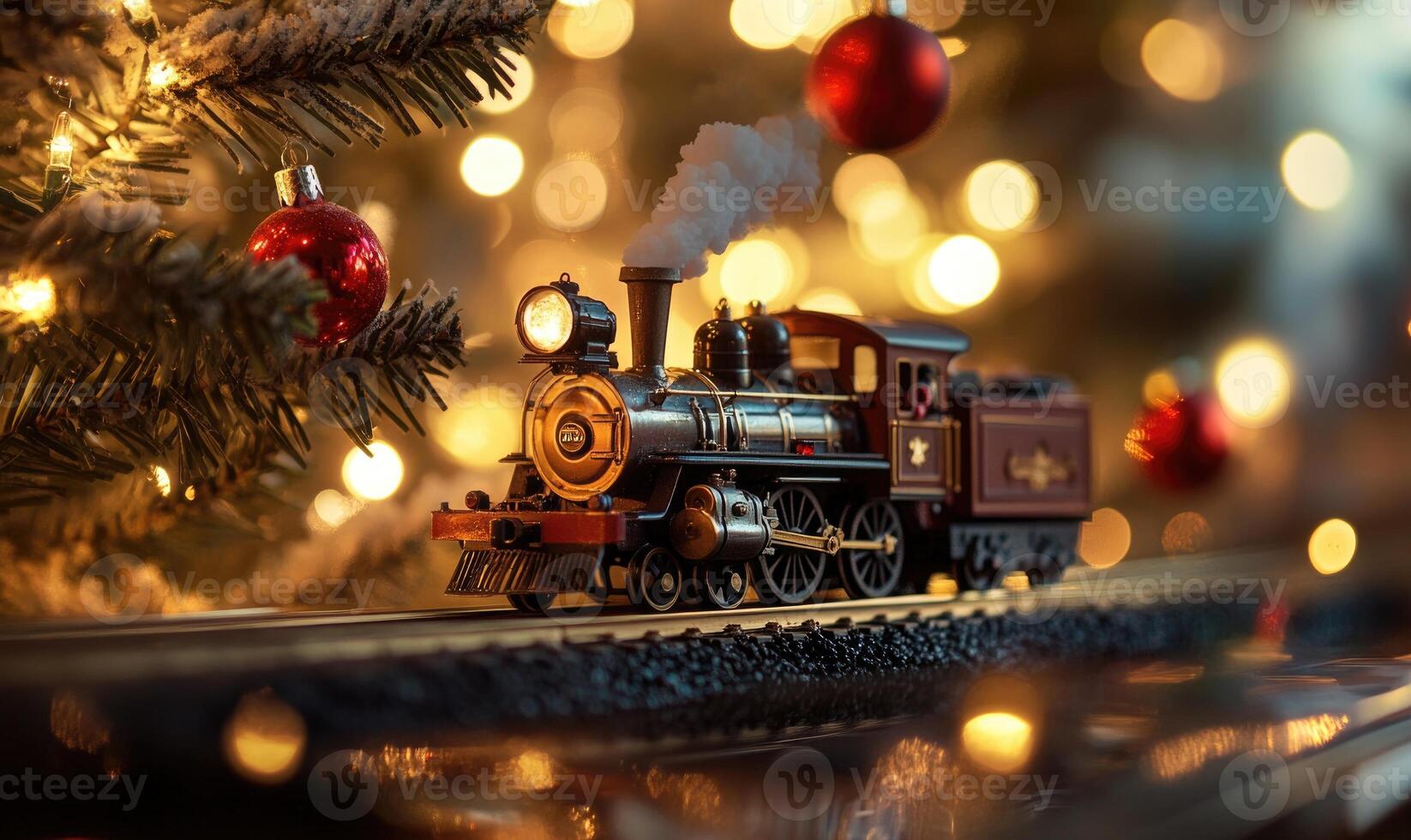 A train is sitting on a track next to a Christmas tree photo