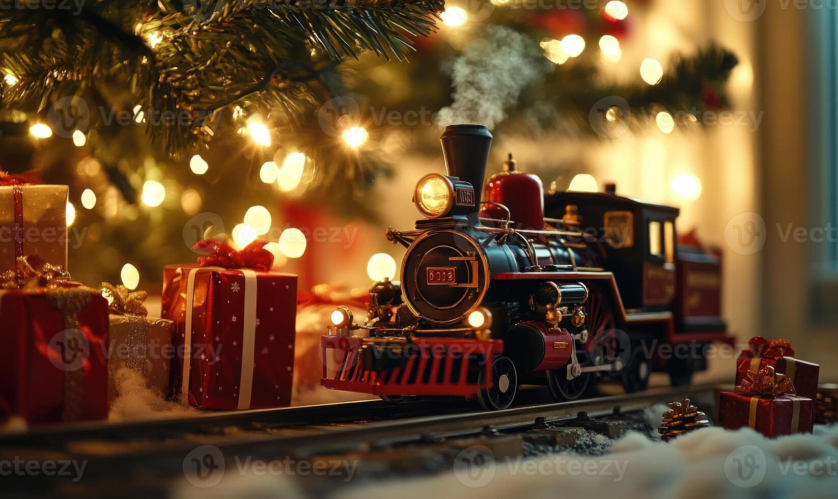 A train is on a track next to a Christmas tree photo