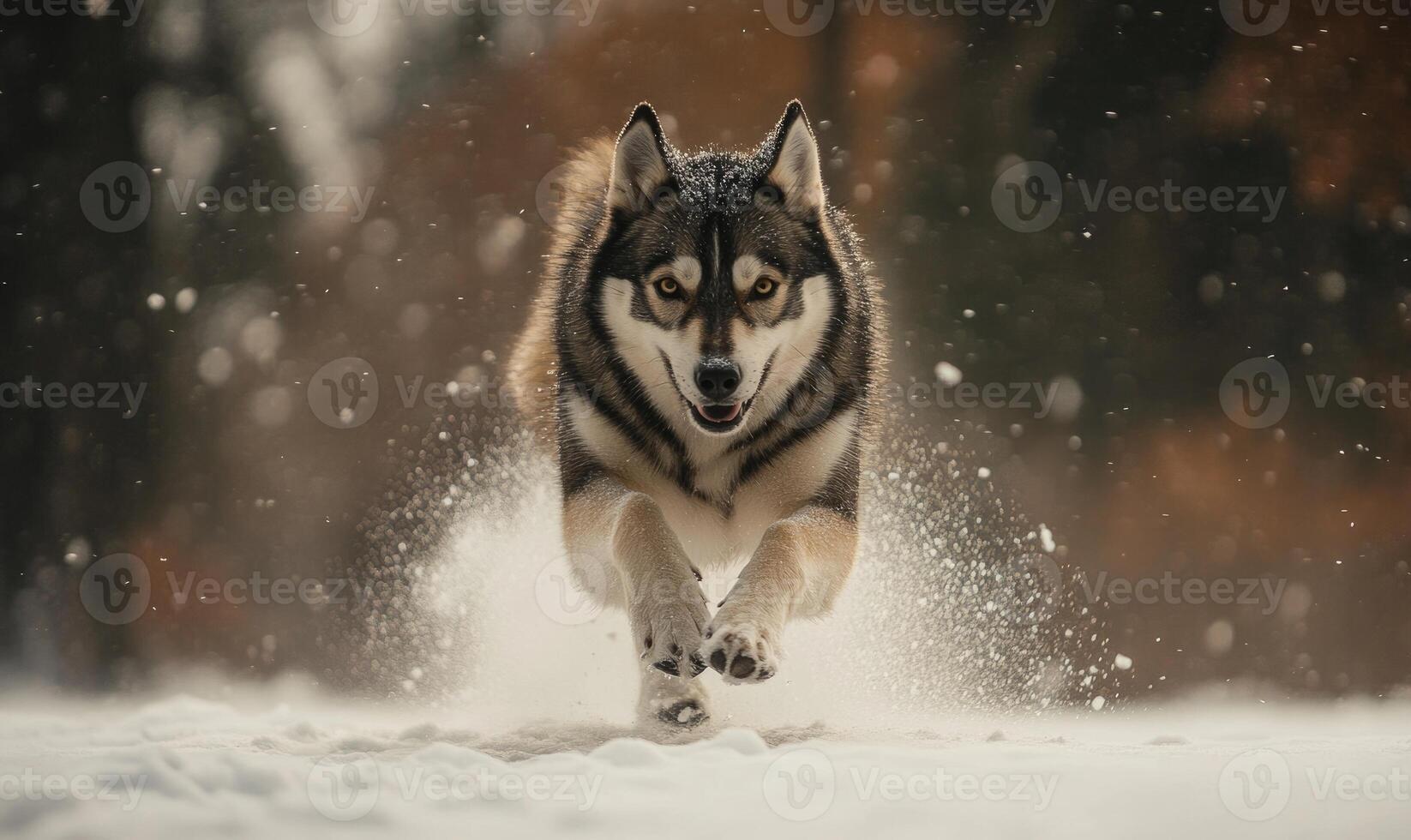 A dog is running through the snow with its tongue out photo
