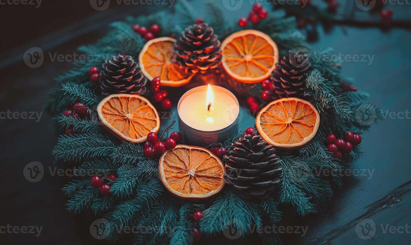 A wreath of oranges and pinecones with a lit candle in the center photo