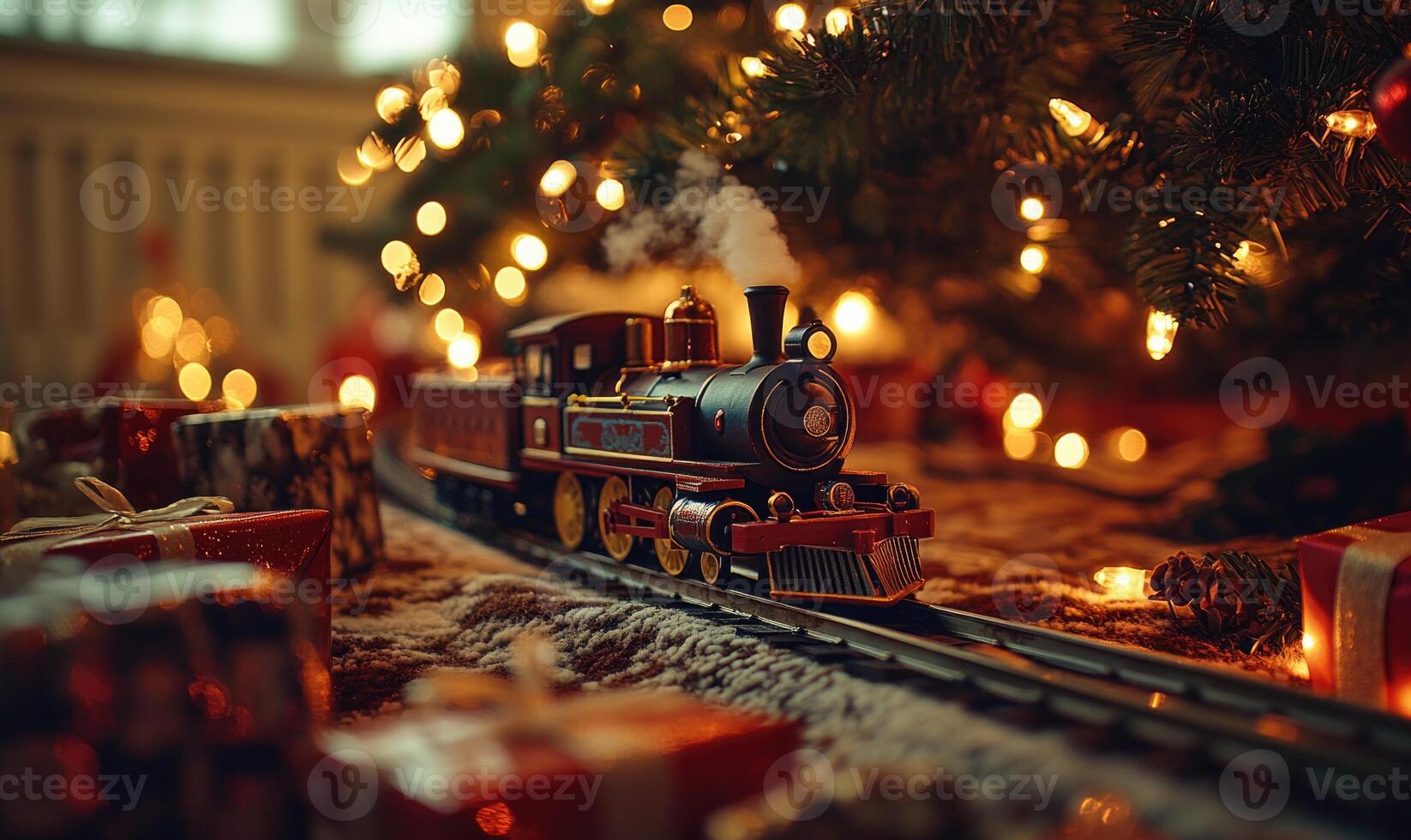 A train is on a track with a Christmas tree in the background photo