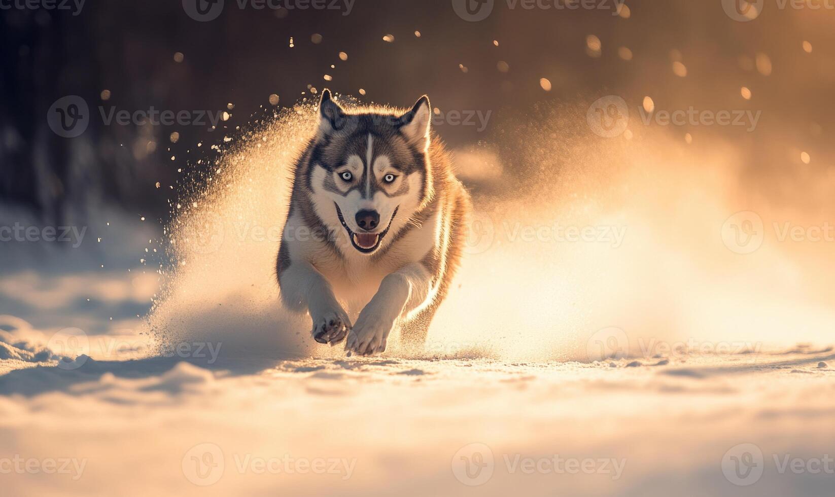 A dog is running through the snow with its tongue out photo