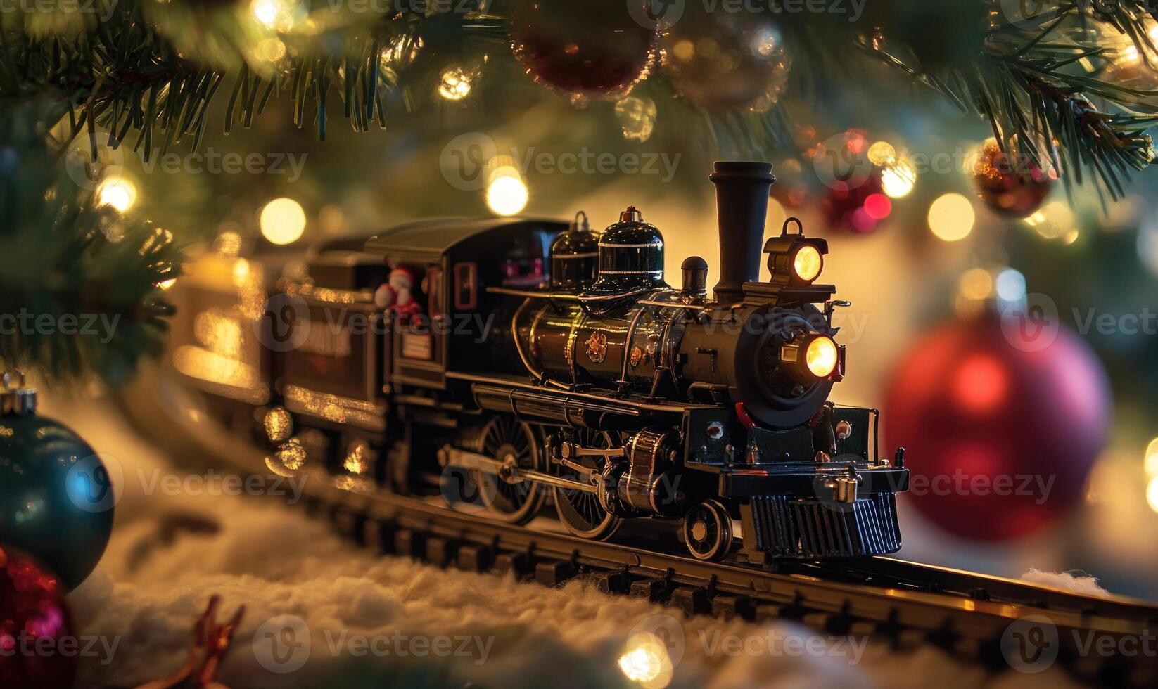 A train with a Santa Claus on it is traveling down a track photo