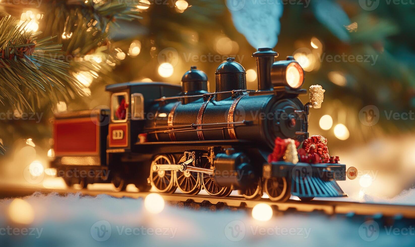 A train with a red caboose and a Christmas tree in the background photo