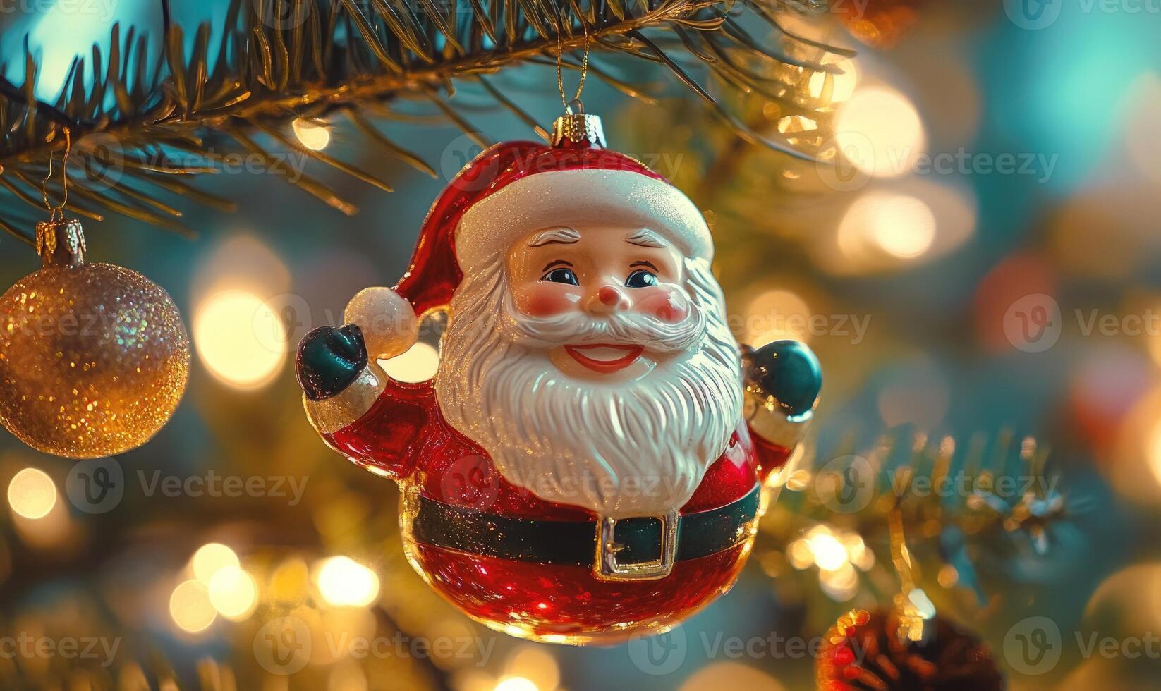 A red and white santa Claus ornament hanging from a Christmas tree photo