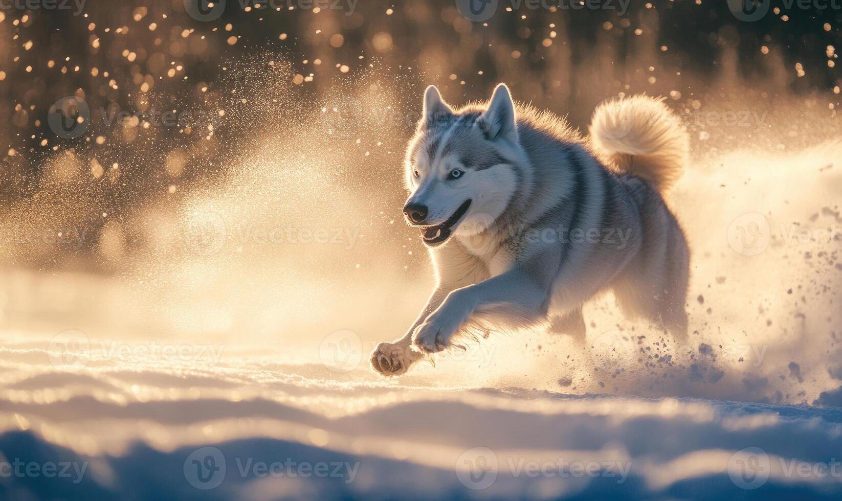 A dog is running through the snow with its tongue out photo